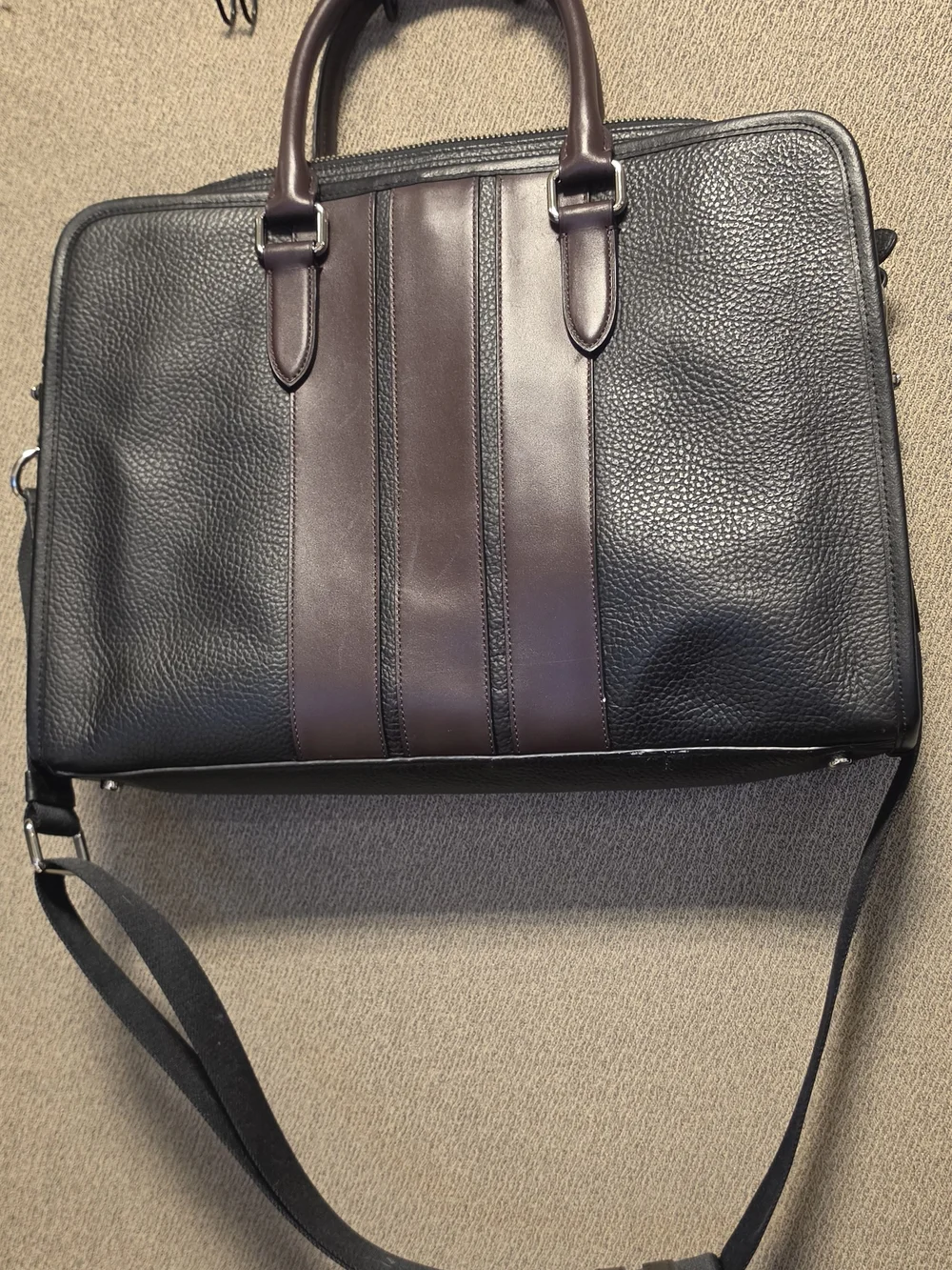Coach Black Leather Briefcase with Burgundy Center Stripe